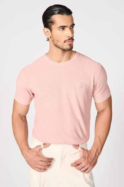 Shantanu & Nikhil Menswear Pink Knit T-Shirt With Crest indian designer wear online shopping melange singapore