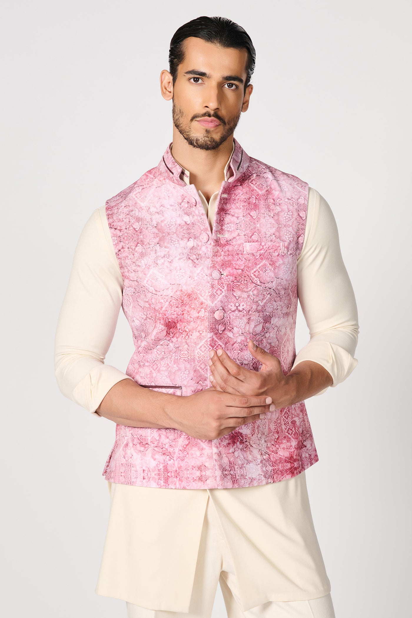Shantanu & Nikhil Menswear Pink Printed Waistcoat indian designer wear online shopping melange singapore