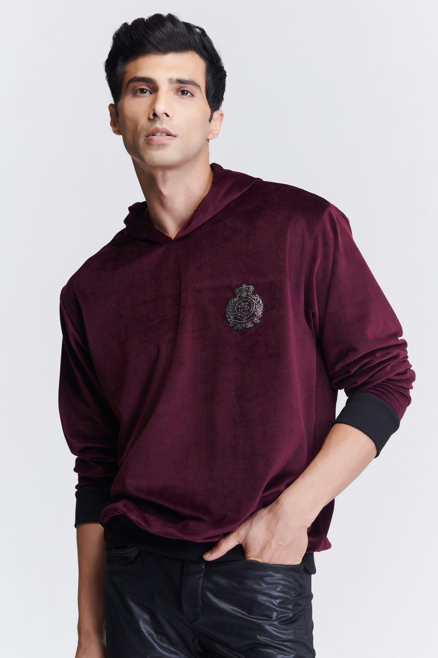 Shantanu & Nikhil Menswear Plum Crested Hooded Sweatshirt indian designer wear online shopping melange singapore