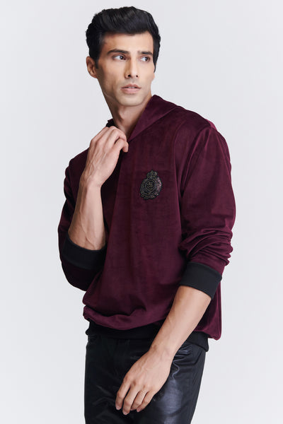 Shantanu & Nikhil Menswear Plum Crested Hooded Sweatshirt indian designer wear online shopping melange singapore