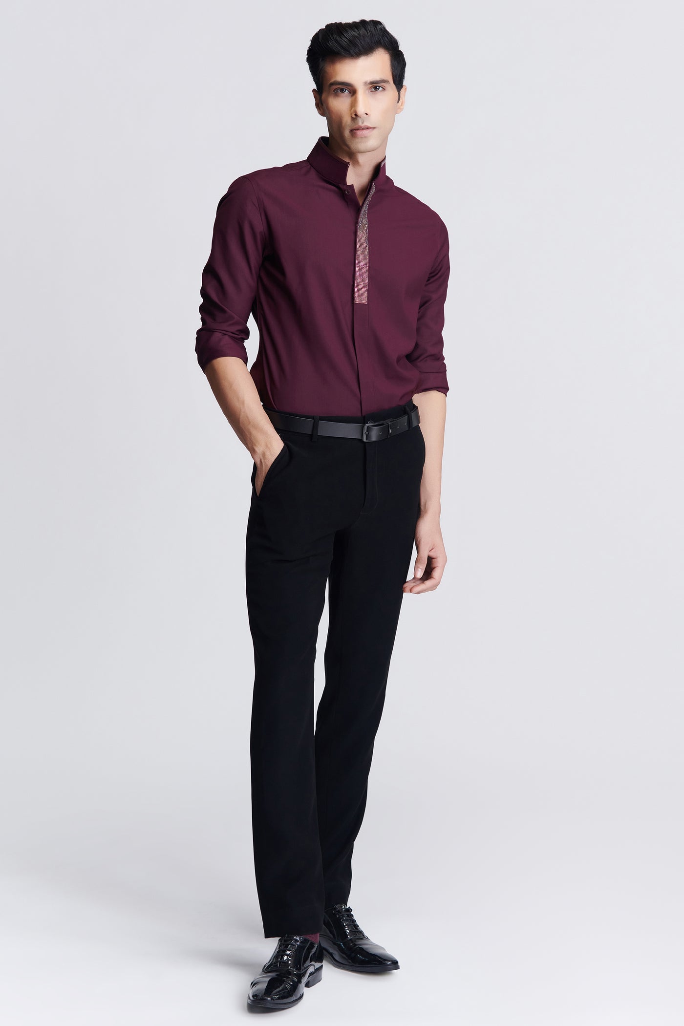 Shantanu & Nikhil Menswear Plum Diamante Placket Shirt indian designer wear online shopping melange singapore