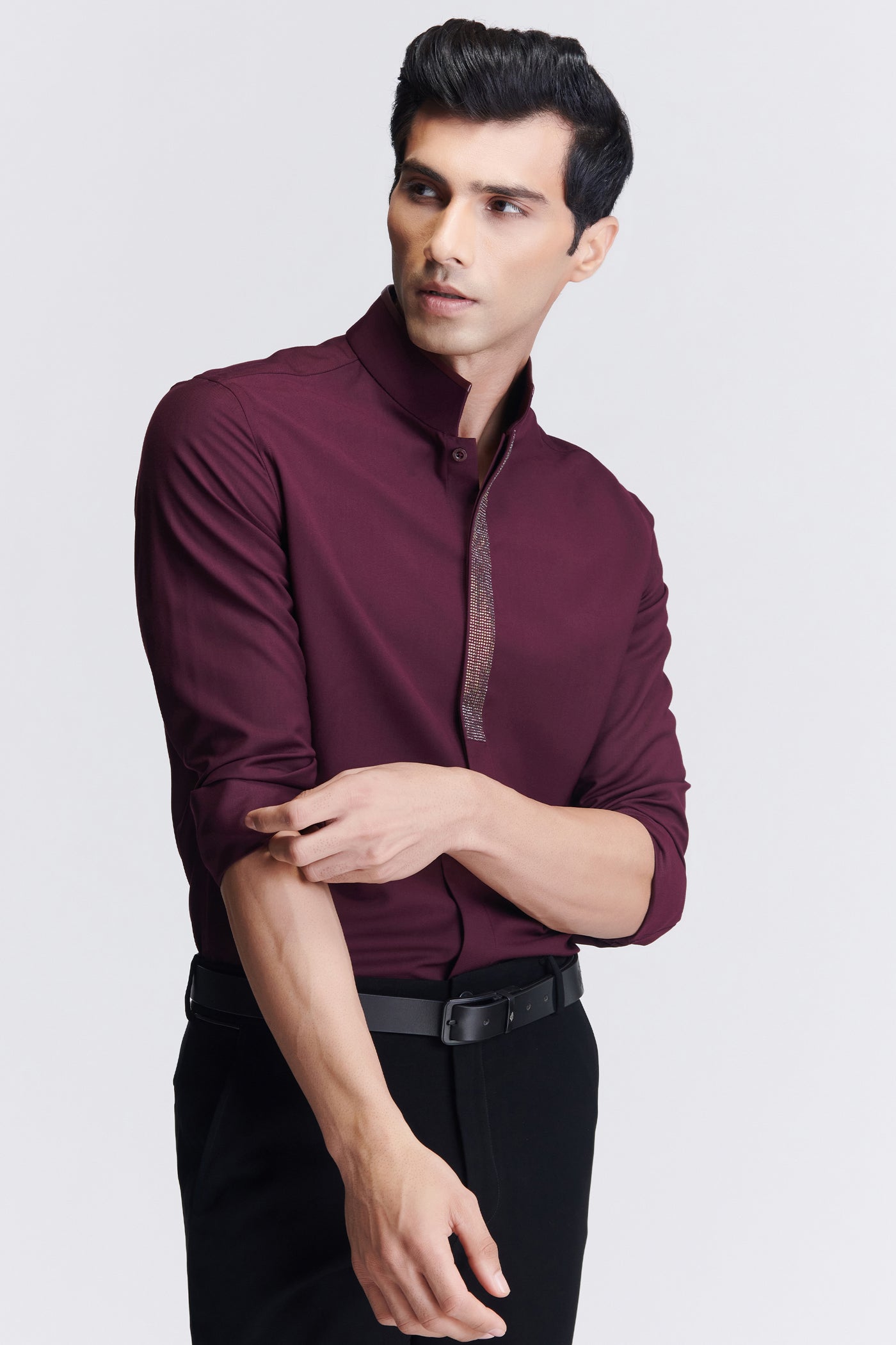 Shantanu & Nikhil Menswear Plum Diamante Placket Shirt indian designer wear online shopping melange singapore