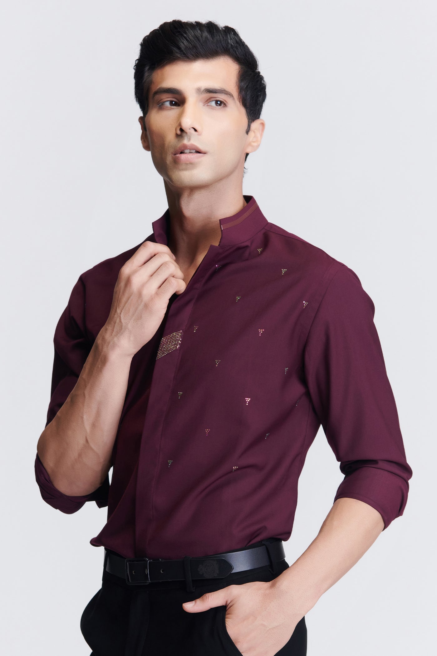 Shantanu & Nikhil Menswear Plum Embellished Shirt indian designer wear online shopping melange singapore