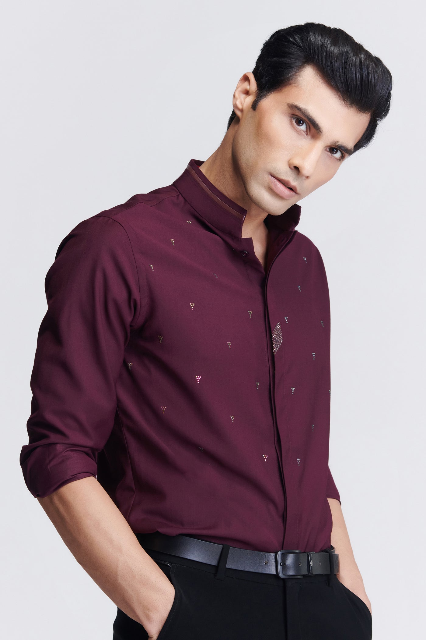 Shantanu & Nikhil Menswear Plum Embellished Shirt indian designer wear online shopping melange singapore