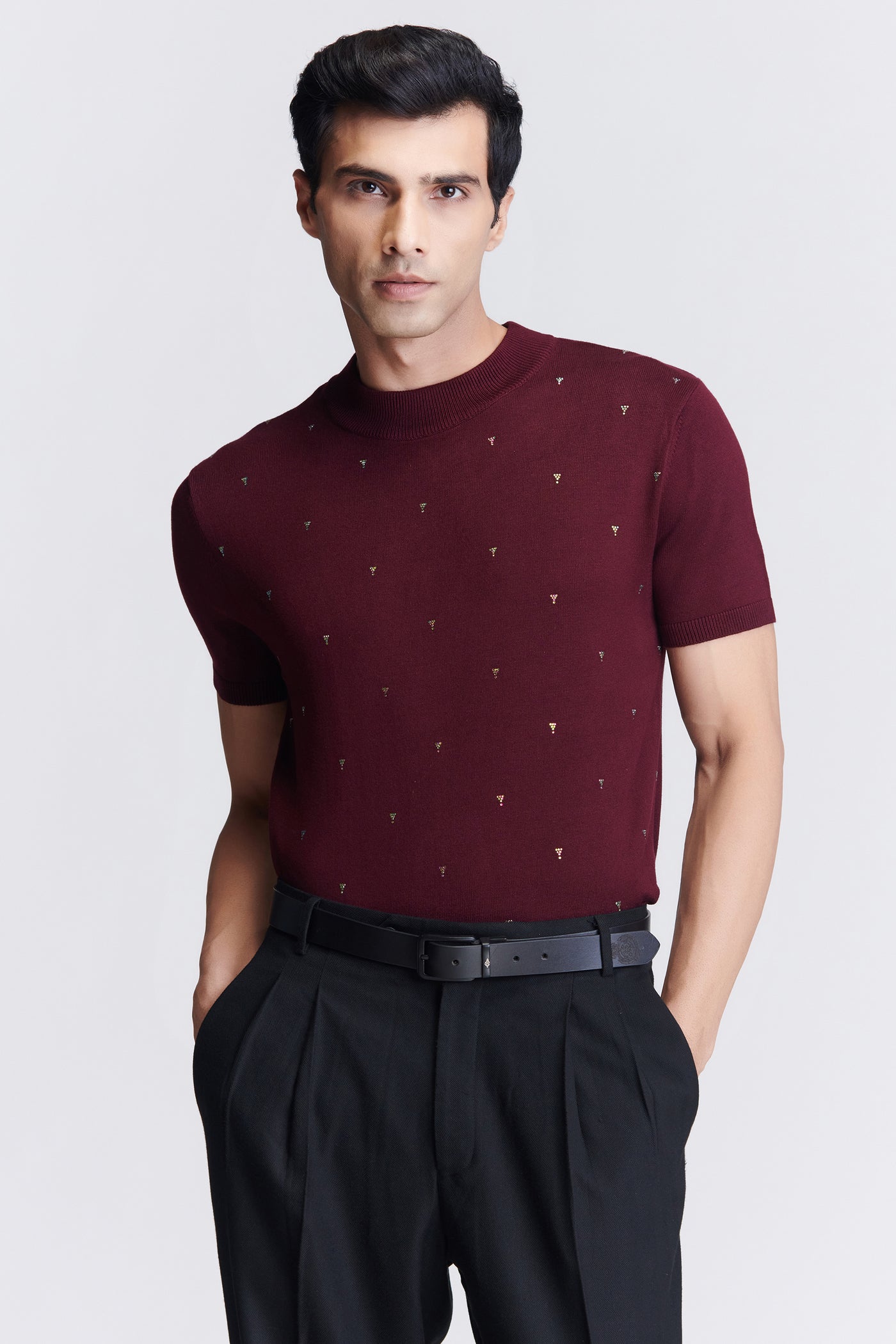 Shantanu & Nikhil Menswear Plum Knit T-Shirt indian designer wear online shopping melange singapore