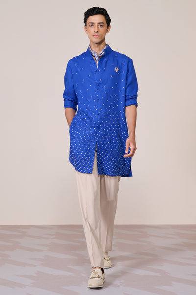 Shantanu & Nikhil Menswear Racer Blue Embroidered Linen Kurta indian designer wear online shopping melange singapore