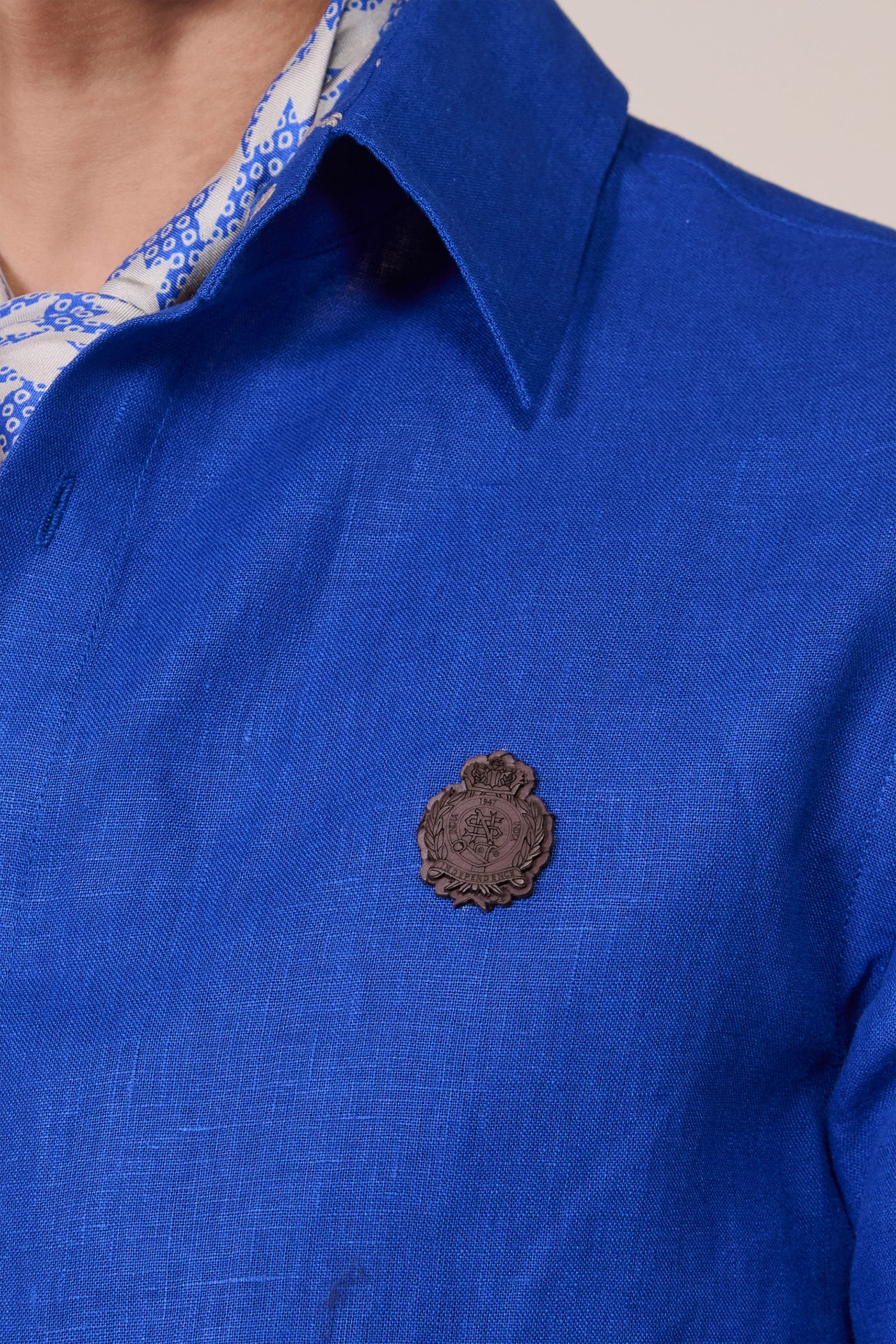 Shantanu & Nikhil Menswear Racer Blue Linen Crest Shirt indian designer wear online shopping melange singapore