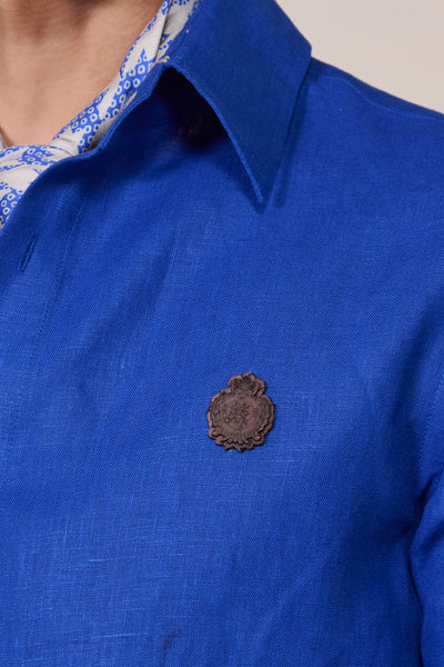 Shantanu & Nikhil Menswear Racer Blue Linen Crest Shirt indian designer wear online shopping melange singapore