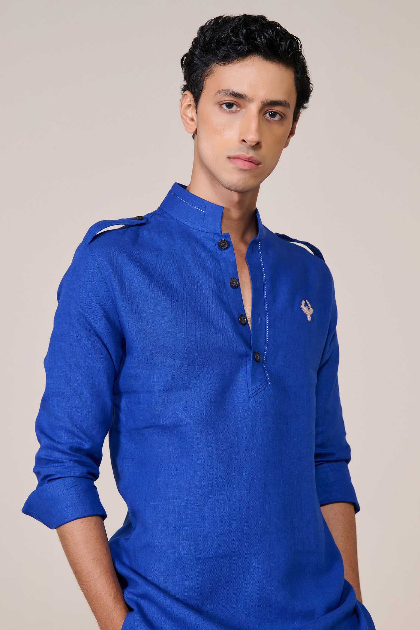 Shantanu & Nikhil Menswear Racer Blue Linen Slim Fit Kurta indian designer wear online shopping melange singapore