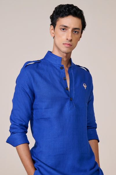 Shantanu & Nikhil Menswear Racer Blue Linen Slim Fit Kurta indian designer wear online shopping melange singapore