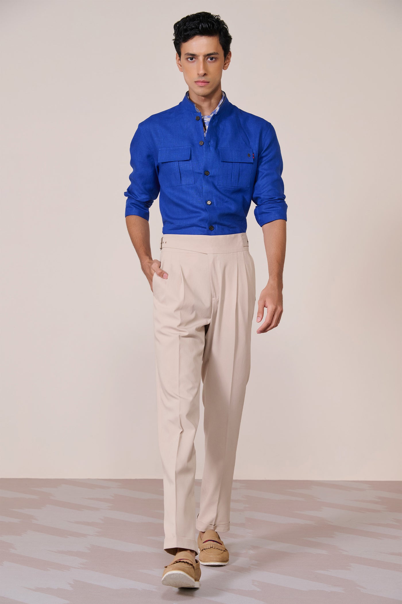 Shantanu & Nikhil Menswear Racer Blue Utility Linen Shirt indian designer wear online shopping melange singapore