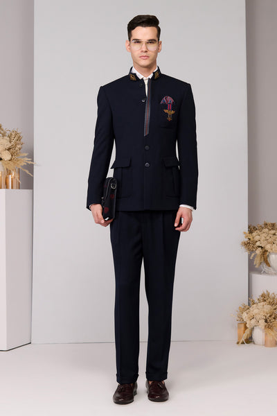 Shantanu & Nikhil Menswear Regal Navy Bandhgala indian designer wear online shopping melange singapore 
