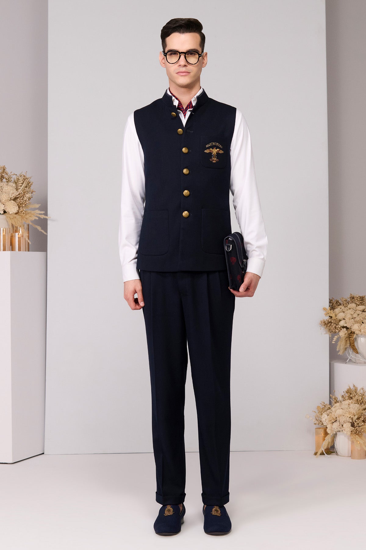 Shantanu & Nikhil Menswear Regal Navy Waistcoat indian designer wear online shopping melange singapore 
