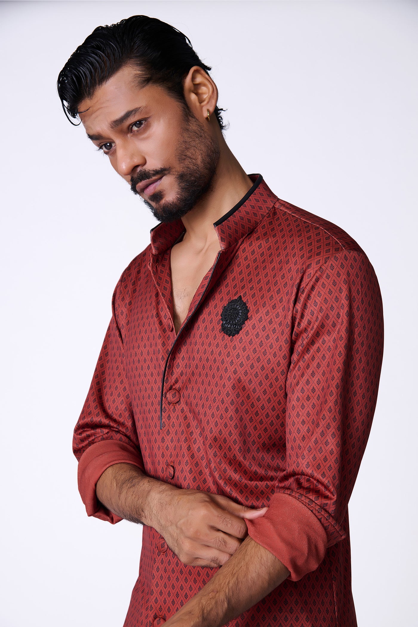 Shantanu & Nikhil Menswear Rust Adamas Printed Kurta indian designer wear online shopping melange singapore
