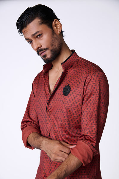 Shantanu & Nikhil Menswear Rust Adamas Printed Kurta indian designer wear online shopping melange singapore