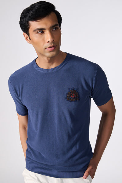 Shantanu & Nikhil Menswear SNCSNCC Blue Knit T-Shirt with Crest indian designer wear online shopping melange singapore