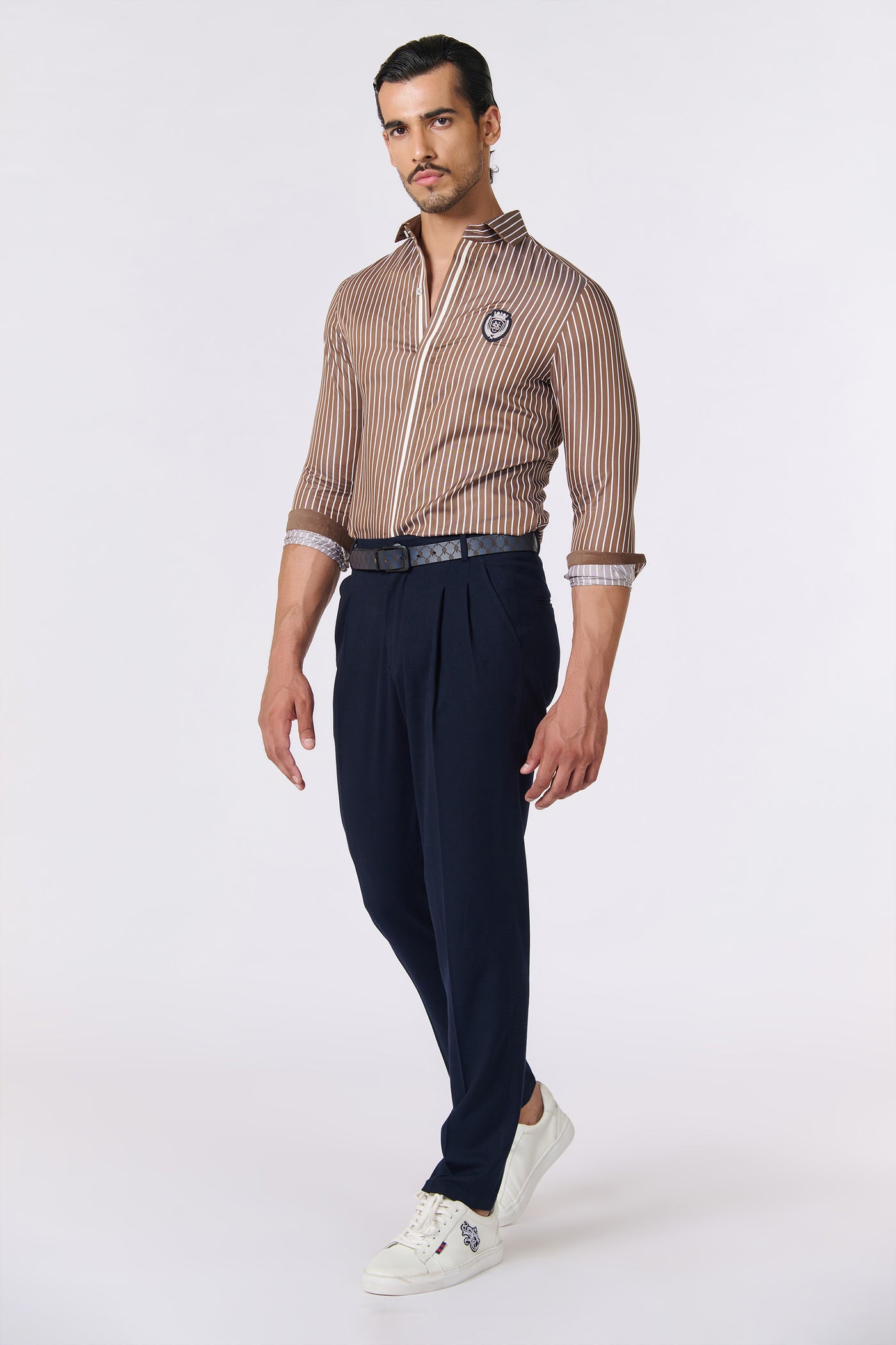 Shantanu & Nikhil Menswear SNCC Brown Striped Logo Shirt indian designer wear online shopping melange singapore
