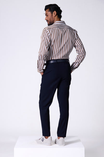 Shantanu & Nikhil Menswear SNCC Brown Striped Shirt with Batsman Logo indian designer wear online shopping melange singapore