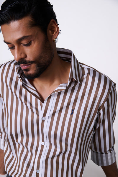 Shantanu & Nikhil Menswear SNCC Brown Striped Shirt with Batsman Logo indian designer wear online shopping melange singapore