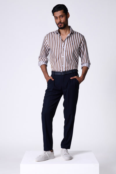 Shantanu & Nikhil Menswear SNCC Brown Striped Shirt with Batsman Logo indian designer wear online shopping melange singapore