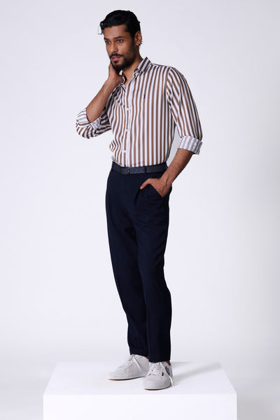 Shantanu & Nikhil Menswear SNCC Brown Striped Shirt with Batsman Logo indian designer wear online shopping melange singapore