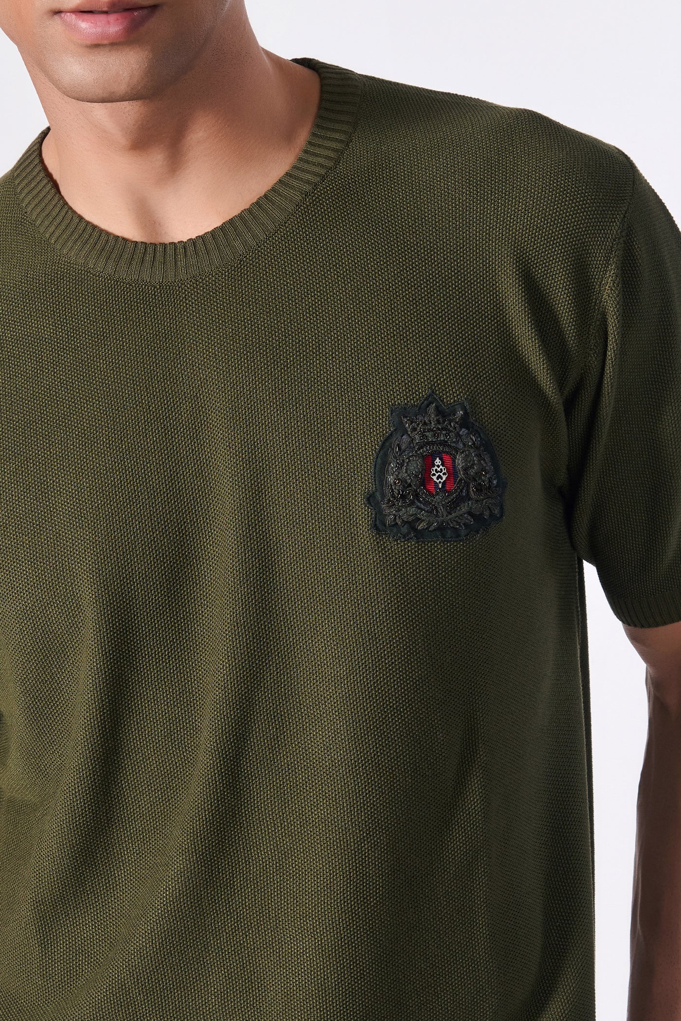 Shantanu & Nikhil Menswear SNCC Moss Green Knit T-Shirt with Crest indian designer wear online shopping melange singapore