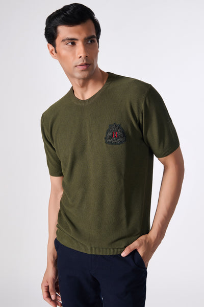 Shantanu & Nikhil Menswear SNCC Moss Green Knit T-Shirt with Crest indian designer wear online shopping melange singapore
