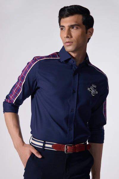Shantanu & Nikhil Menswear SNCC Navy Shirt with Plaid Engraved Panel indian designer wear online shopping melange singapore