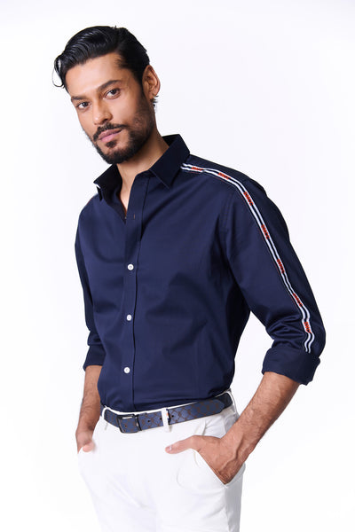 Shantanu & Nikhil Menswear SNCC Navy Shirt with Striped Piping Details indian designer wear online shopping melange singapore
