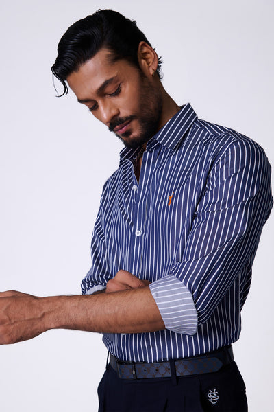 Shantanu & Nikhil Menswear SNCC Navy Striped Shirt indian designer wear online shopping melange singapore

