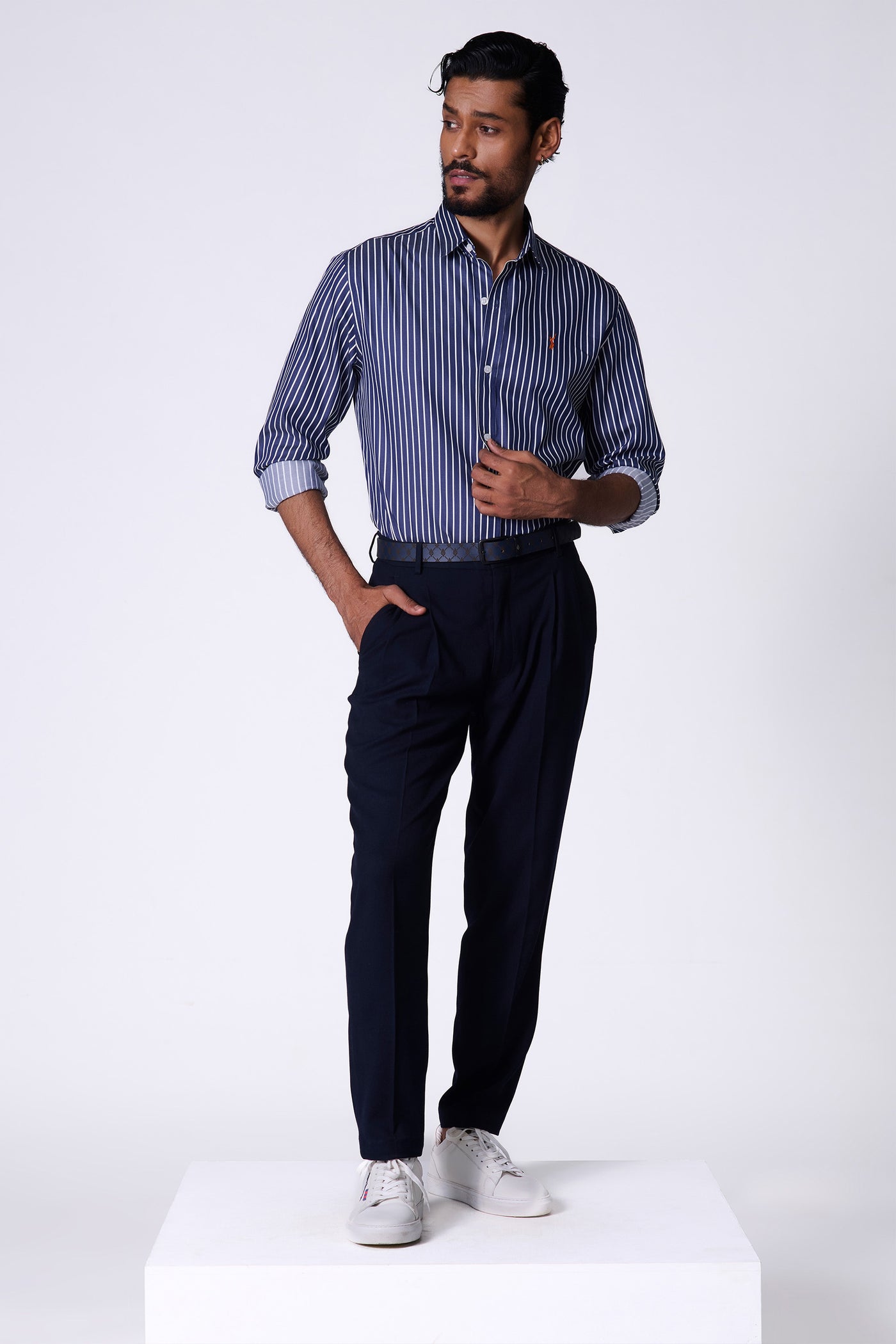 Shantanu & Nikhil Menswear SNCC Navy Striped Shirt indian designer wear online shopping melange singapore
