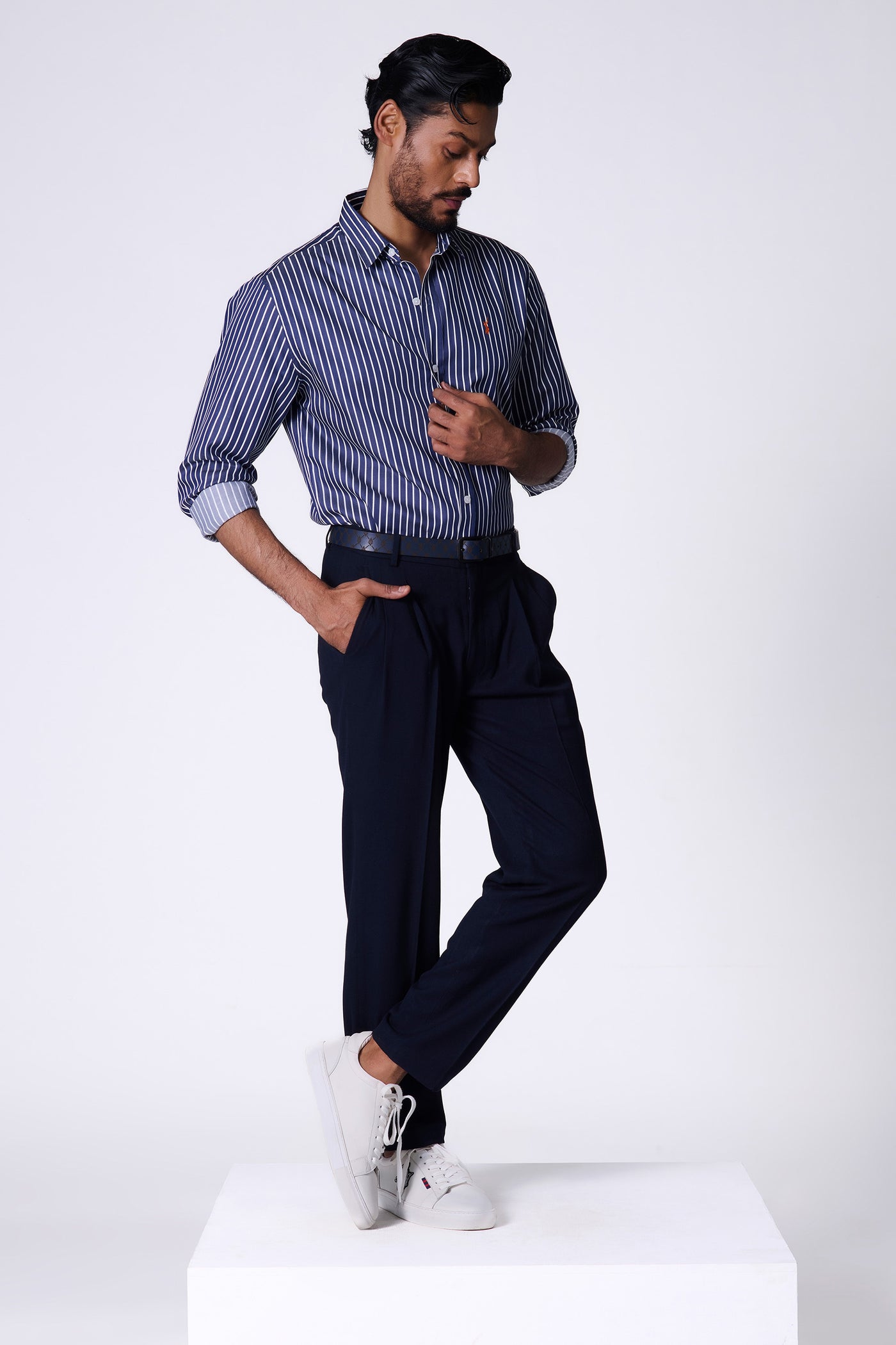 Shantanu & Nikhil Menswear SNCC Navy Striped Shirt indian designer wear online shopping melange singapore
