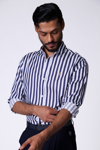 Shantanu & Nikhil Menswear SNCC Navy Striped Shirt with Batsman Logo indian designer wear online shopping melange singapore