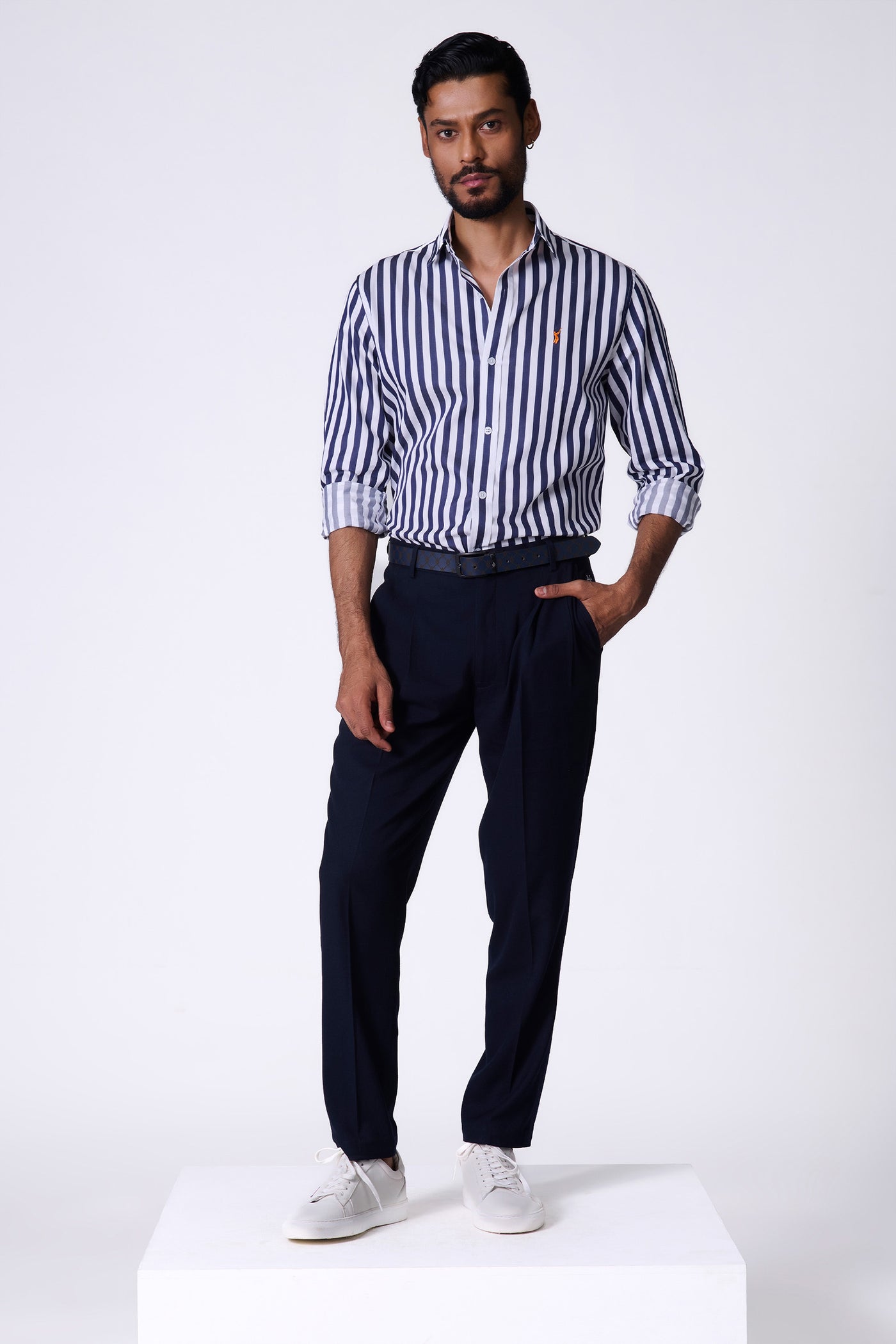Shantanu & Nikhil Menswear SNCC Navy Striped Shirt with Batsman Logo indian designer wear online shopping melange singapore