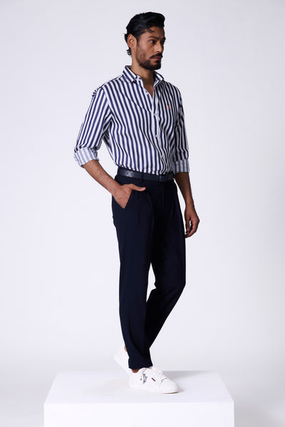Shantanu & Nikhil Menswear SNCC Navy Striped Shirt with Batsman Logo indian designer wear online shopping melange singapore