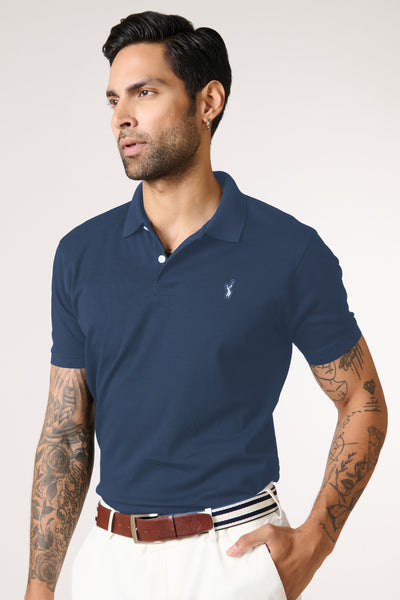 Shantanu & Nikhil Menswear SNCC Prussian Blue Supima Pique Knit Shirt indian designer wear online shopping melange singapore
