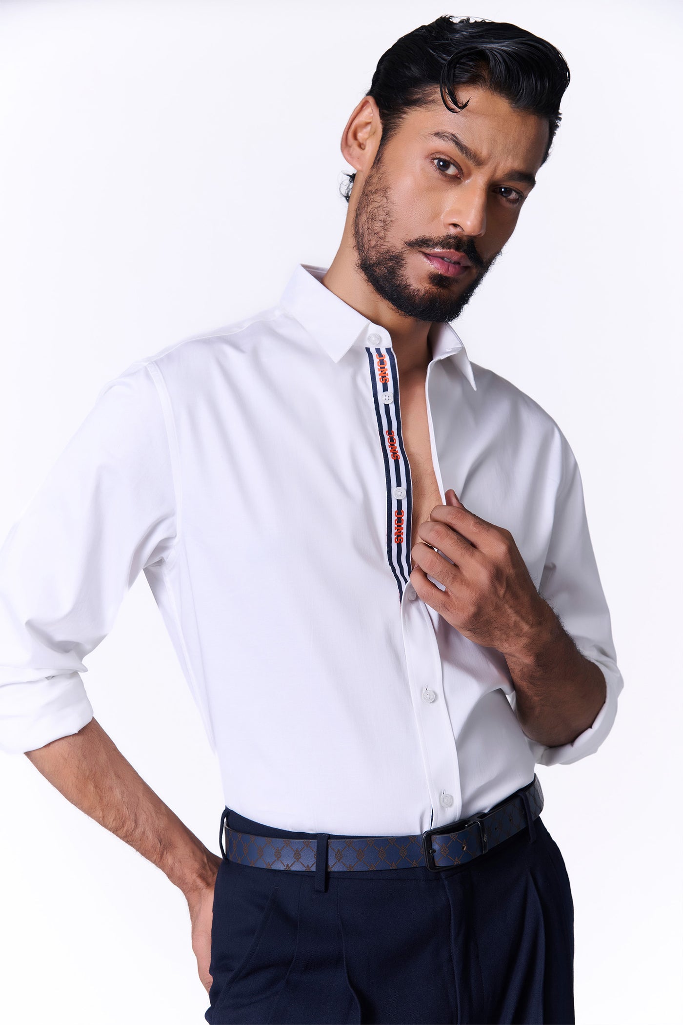Shantanu & Nikhil Menswear White Shirt with SNCC Striped Taping Placket indian designer wear online shopping melange singapore

