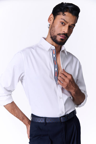 Shantanu & Nikhil Menswear White Shirt with SNCC Striped Taping Placket indian designer wear online shopping melange singapore
