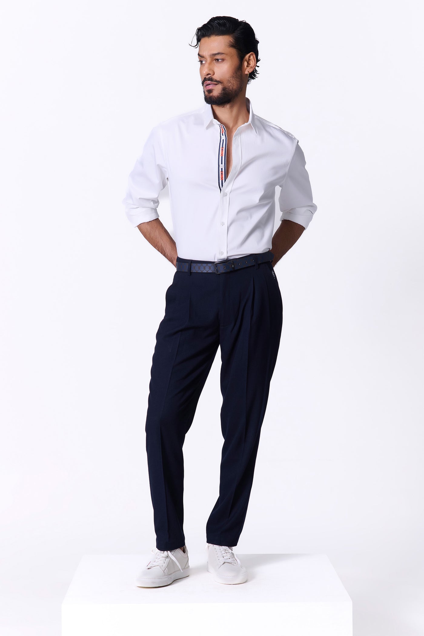 Shantanu & Nikhil Menswear White Shirt with SNCC Striped Taping Placket indian designer wear online shopping melange singapore
