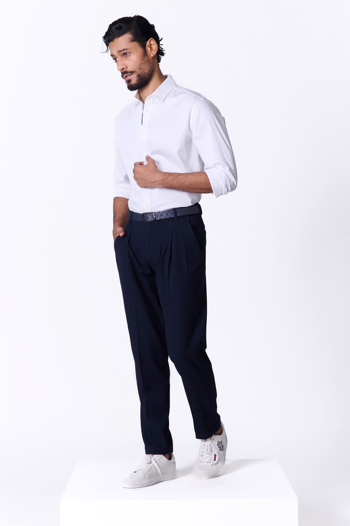 Shantanu & Nikhil Menswear White Shirt with SNCC Striped Taping Placket indian designer wear online shopping melange singapore
