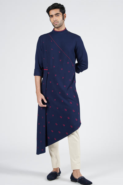 Shantanu & Nikhil Navy Asymmetric Thread Work Kurta indian designer wear online shopping melange singapore