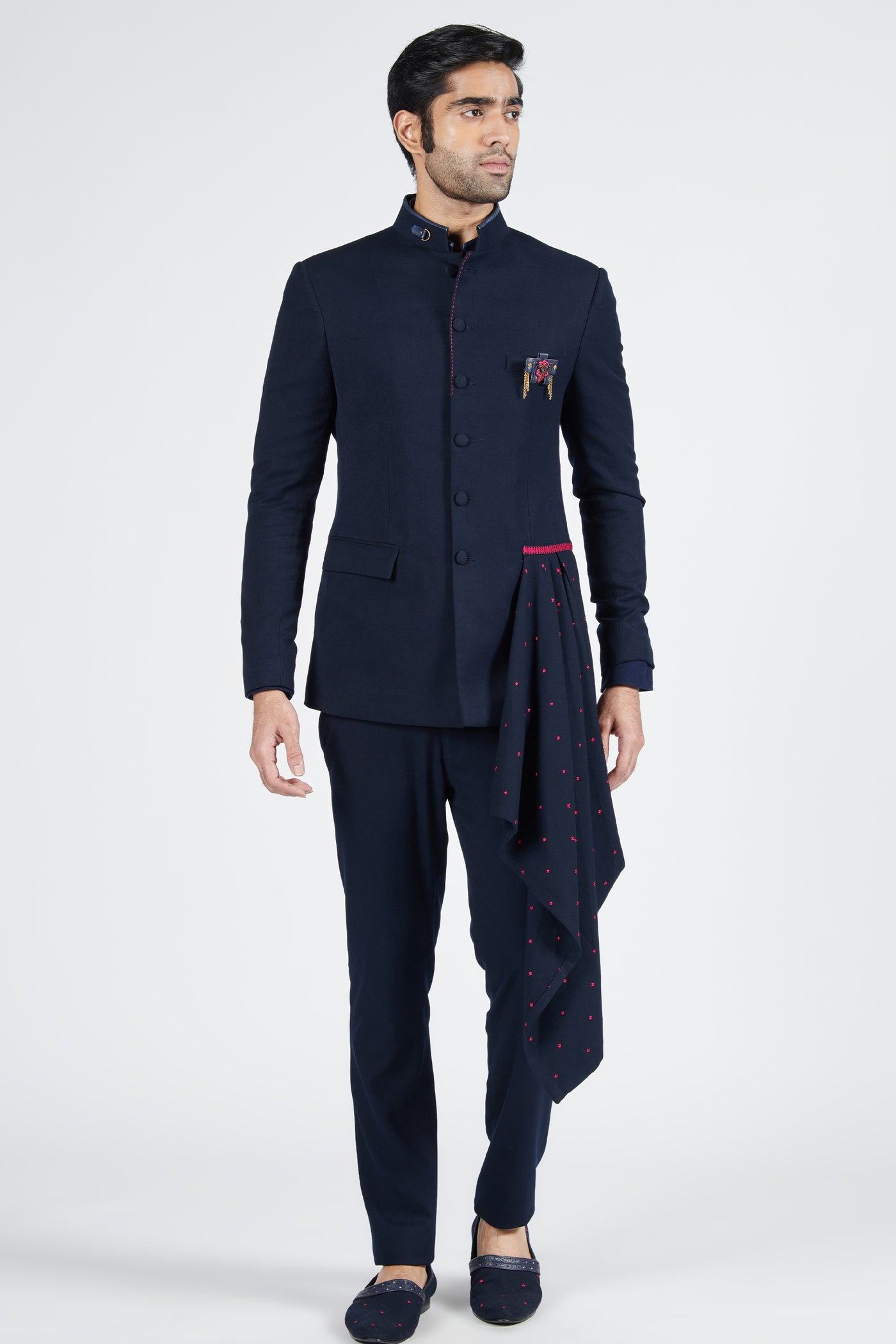 Shantanu & Nikhil Navy Bandhgala with Embroidered Drape indian designer wear online shopping melange singapore