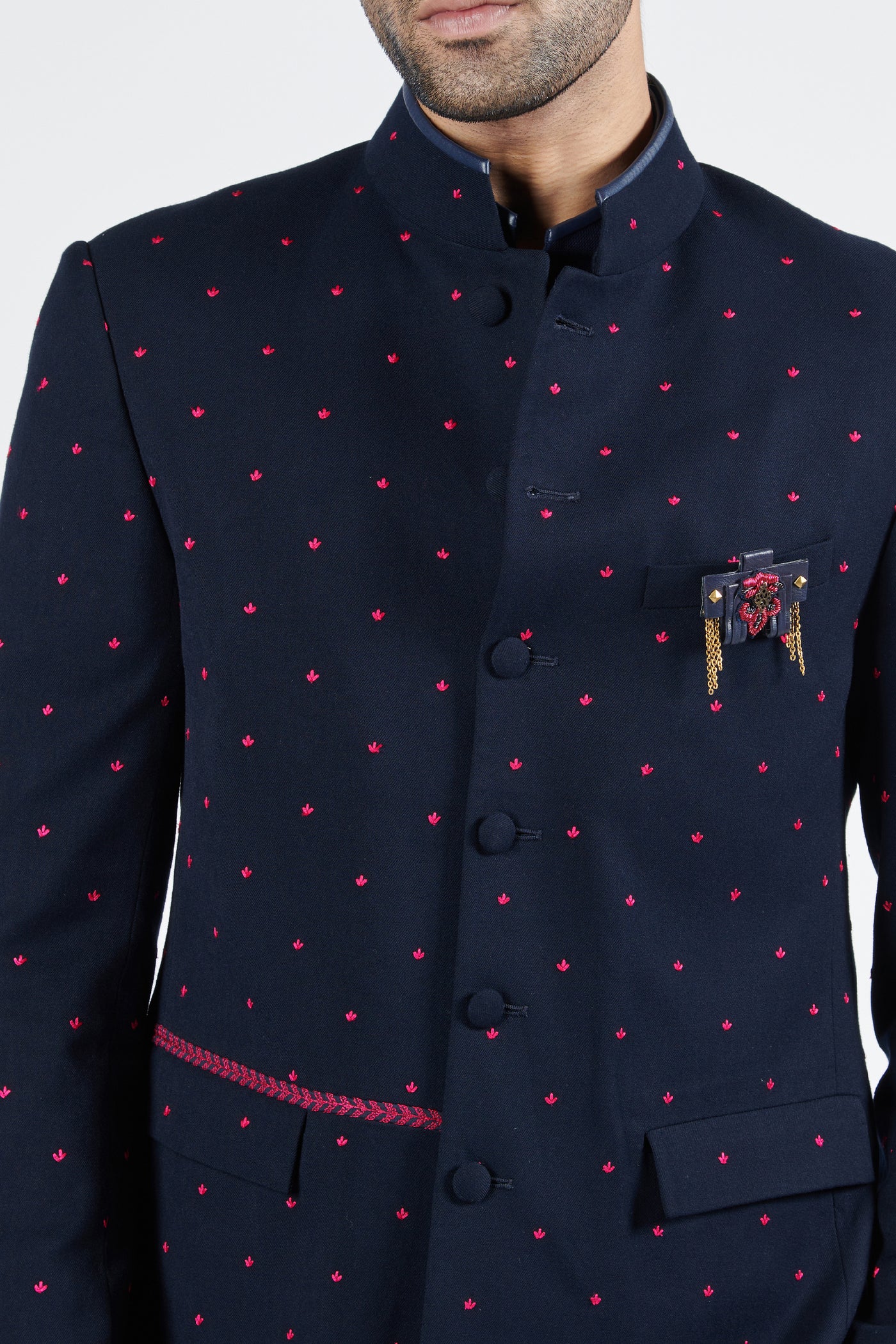 Shantanu & Nikhil Navy Bandhgala With Pink Embroidery indian designer wear online shopping melange singapore