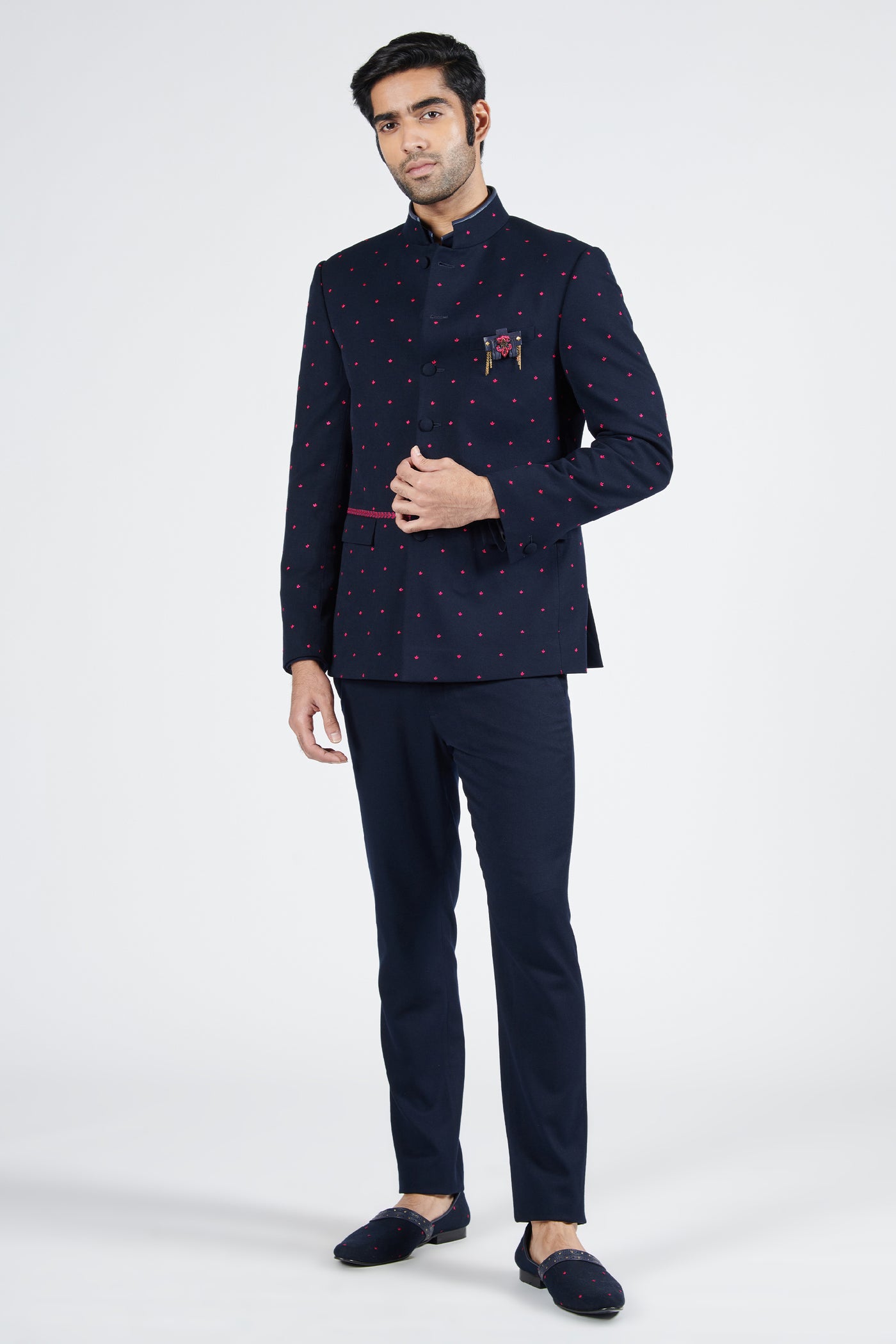 Shantanu & Nikhil Navy Bandhgala With Pink Embroidery indian designer wear online shopping melange singapore