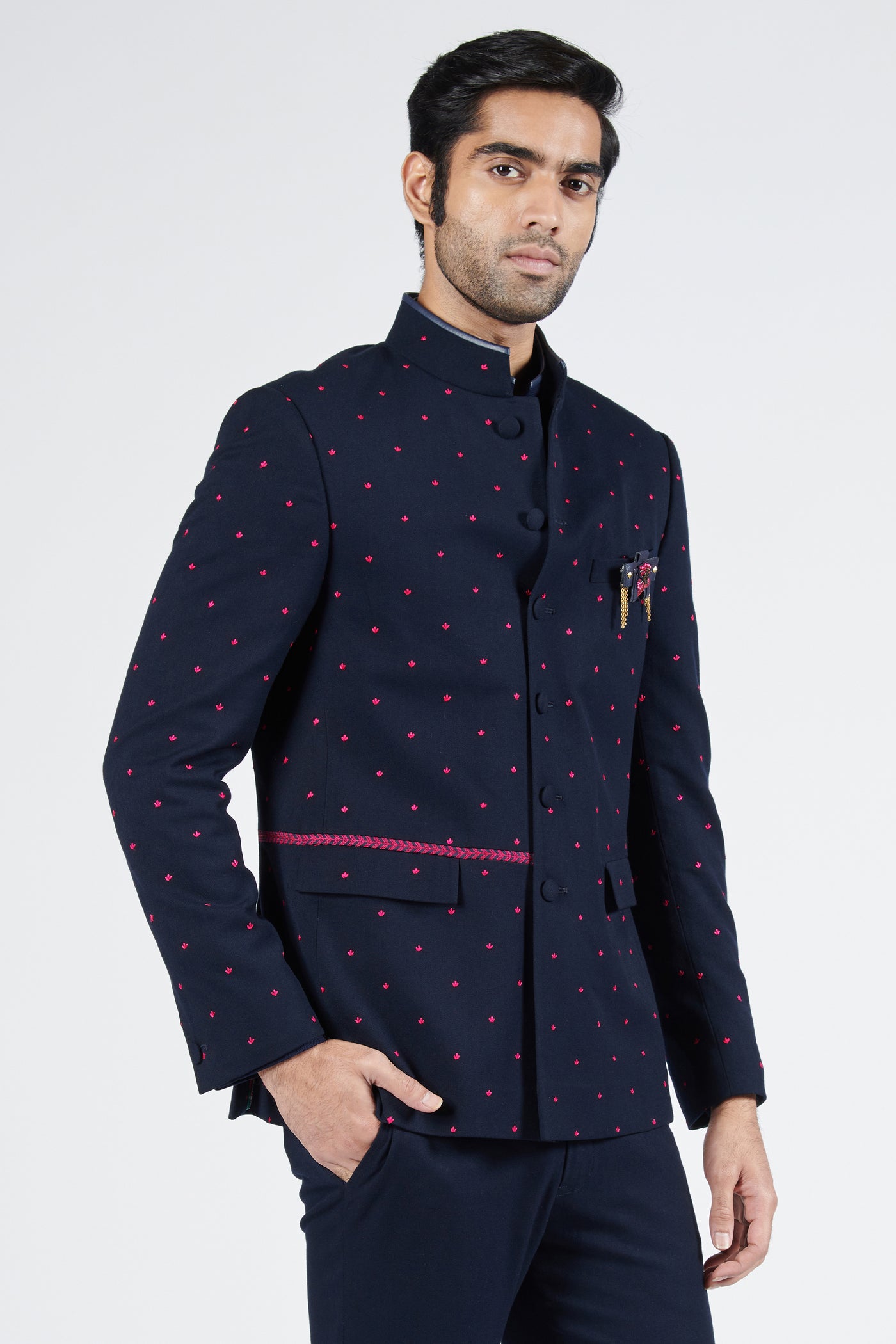 Shantanu & Nikhil Navy Bandhgala With Pink Embroidery indian designer wear online shopping melange singapore