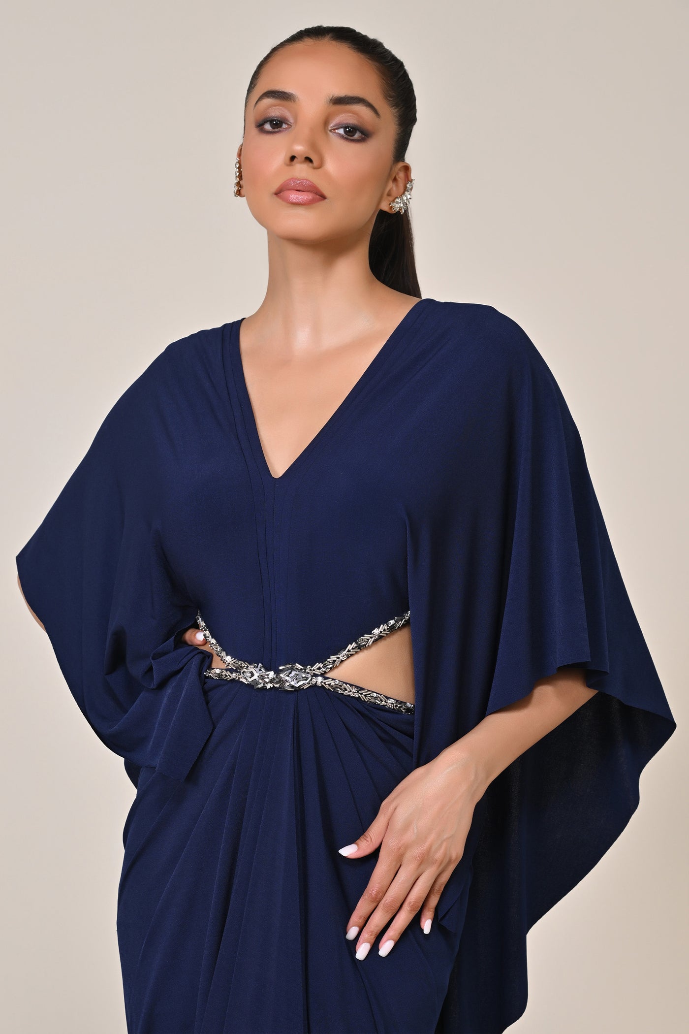 Shantanu & Nikhil Navy Draped Gown with Waist Cut Out indian designer wear online shopping melange singapore