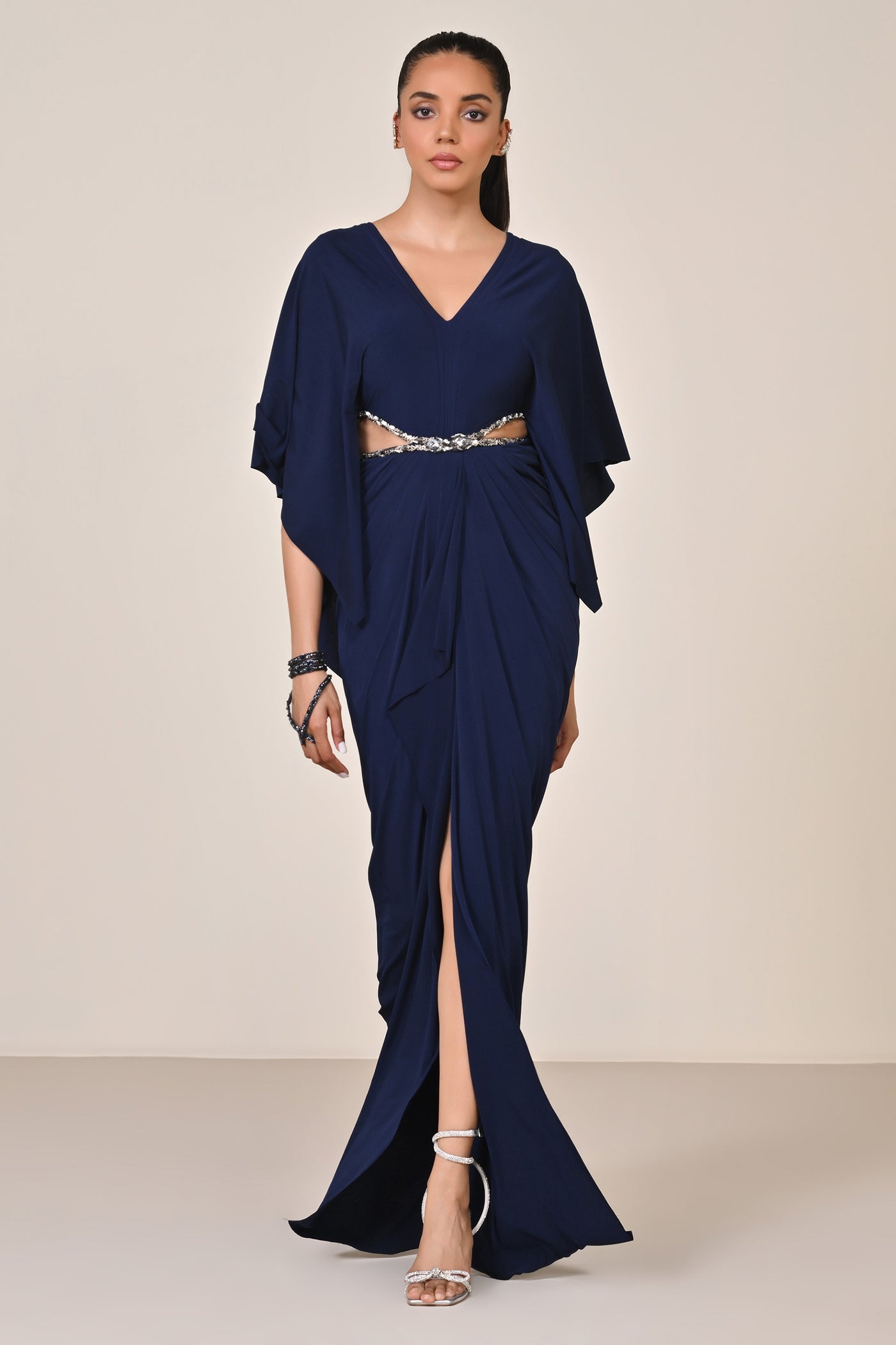 Shantanu & Nikhil Navy Draped Gown with Waist Cut Out indian designer wear online shopping melange singapore