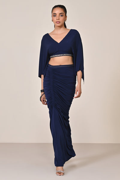 Shantanu & Nikhil Navy Exaggerated Draped Sleeve Top indian designer wear online shopping melange singapore