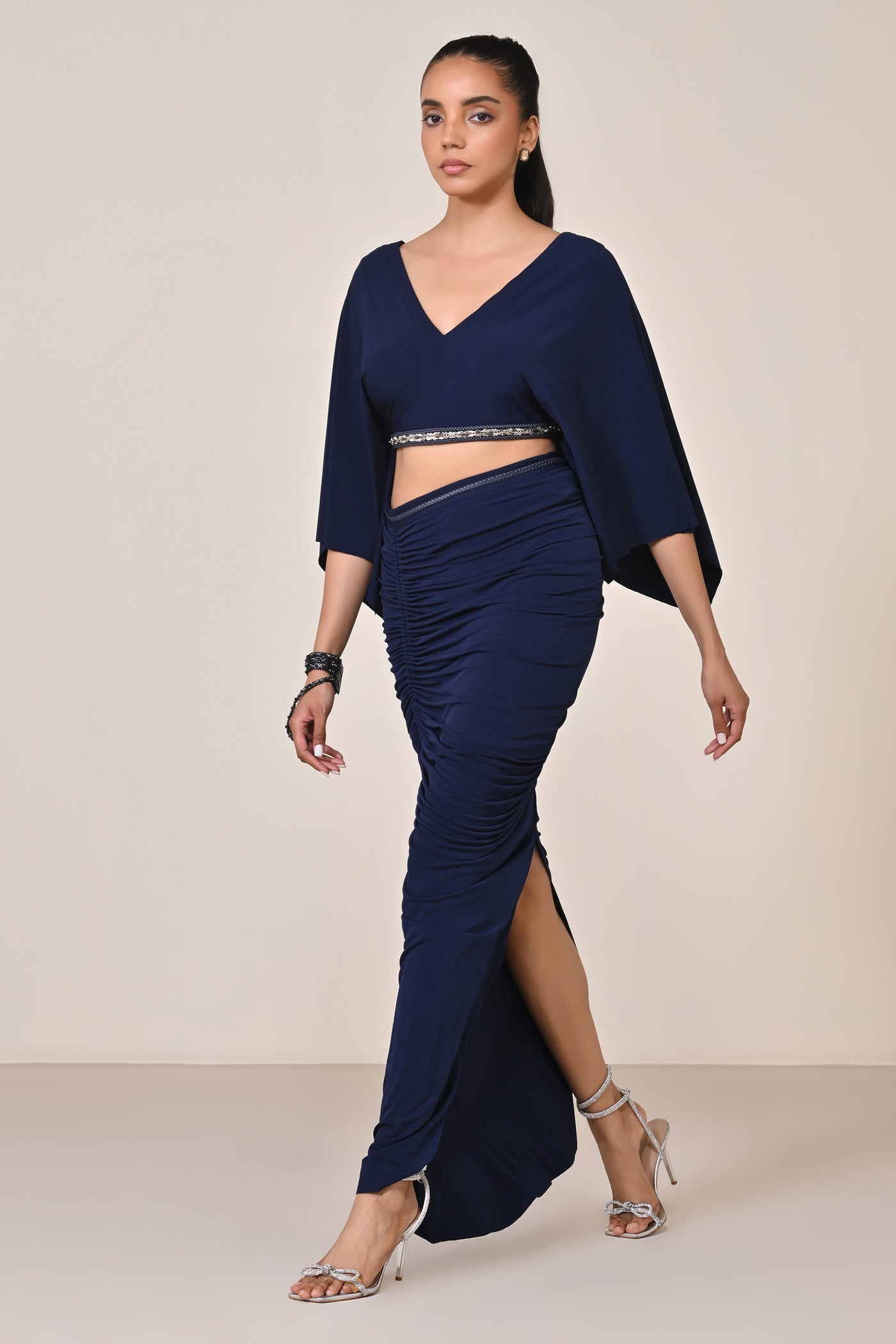 Shantanu & Nikhil Navy Exaggerated Draped Sleeve Top indian designer wear online shopping melange singapore