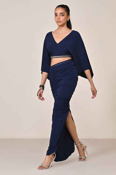 Shantanu & Nikhil Navy Exaggerated Draped Sleeve Top indian designer wear online shopping melange singapore